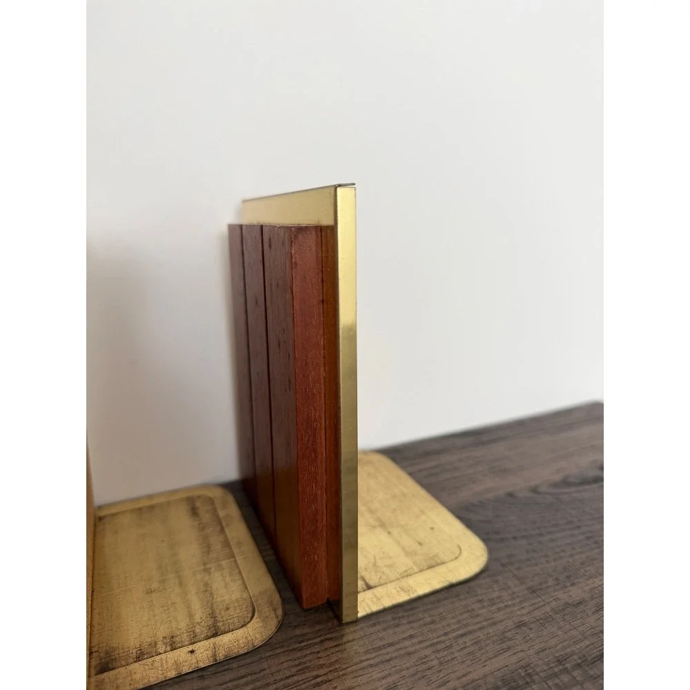 Vtg Park Sherman Solid Walnut Metal Bookends Mid Century Modern Minimalist Pair